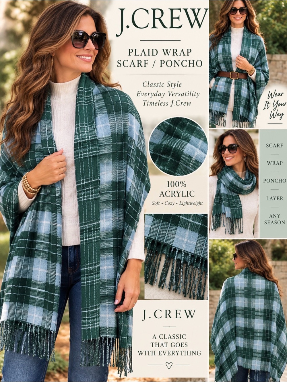 J.CREW Women's Green Gray Plaid Fringe Knit Acrylic Wrap Scarf